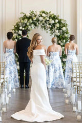 A-line Strapless Printed Floarl Satin Long Bridesmaid Dresses