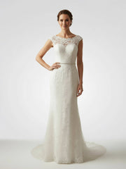 Bateau Neck Cap Sleeve Fit and Flare Lace Wedding Dress