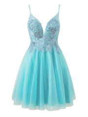 A-line Short Spaghetti Strap Glitter Tulle Homecoming Dress