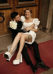 Bodycon Square Neck Satin Short Wedding Dresses with Lantern Sleeves