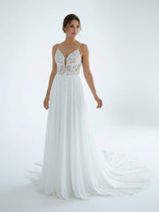 A-Line V Neck Chiffon Boho White Appliques Wedding Dresses