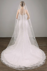 Two Tier Lace Appliques Edge Cathedral Veil Long Wedding Veil