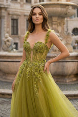 A-Line Olive Sweetheart Tulle Long Prom Dresses with Lace Appliques