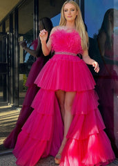 A-line High-Low Strapless Ruffled Tulle Prom Dress with Feathers