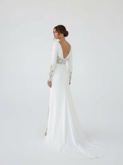 Casual V-neck mermaid Sweep Train Long Sleeve Wedding Dress With Slit