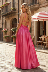 Hot Pink A Line V Neck Metallic Satin Long Prom Dresses With Cut out