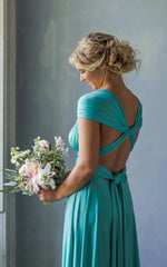 A Line Halter Neck Jersey Bridesmaid Dress With Half Sleeves And Straps Back