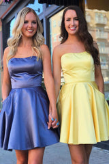 A-Line Strapless Satin Homecoming Dress with Pockets