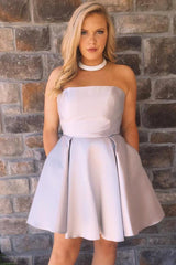 A-Line Strapless Satin Homecoming Dress with Pockets