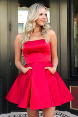 A-Line Strapless Satin Homecoming Dress with Pockets
