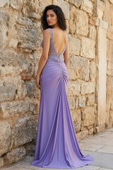 Charming Mermaid V Neck Sage Green Slit Prom Dresses with Appliques