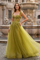 A-Line Olive Sweetheart Tulle Long Prom Dresses with Lace Appliques