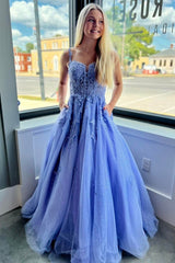 A-Line Spaghetti Strap Tulle Lace Prom Dress with Pockets