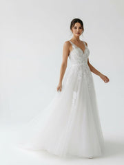 A-Line V Back Long White Wedding Dress with Lace Appliqued