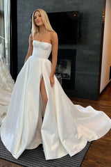 Ball Gown Strapless Satin Wedding Dresses with Slit