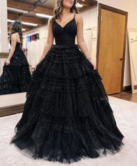 A-Line Deep V Neck Tiered Long Glitter Tulle Prom Dress
