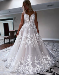 A-Line Sweep Train Deep V-Neck Wedding Dress With Appliques