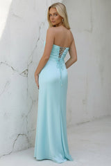 Strapless Aqua Blue Sheath Long Prom Dresses