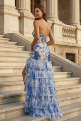 Blue Strapless Beaded Ruffle Tiered Mermaid Prom Dresses With Slit