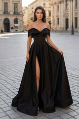 A-Line Prom Dresses Celebrity Style Dress Christmas Sleeveless Off The Shoulder Satin with Slit