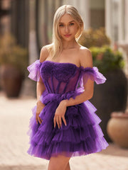 A Line Purple Off-the-Shoulder Lace-Up Ruffle Tiered Homecoming Dress