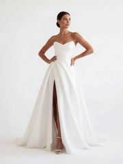 A-Line White Sleeveless Satin Wedding Dress With Side Slit