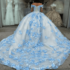 Sky Blue Lace Dress Off The Shoulder 3D Flowers Quinceanera Dresses
