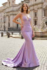 Mermaid V Neck Lavender Satin Long Prom Dresses with Appliques