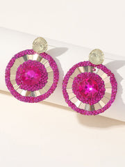 Fuchsia Flower Rhinestones Round Earrings