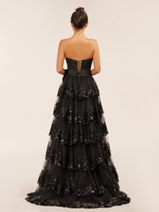 Sweetheart Light Blue Lace Appliques Ruffle Long Formal Gown