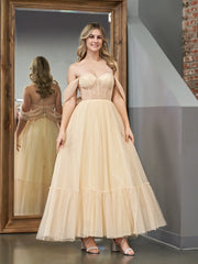 A-Line Champagne Tulle Sweetheart Tea-Length Prom Dress