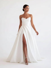 A-Line White Sleeveless Satin Wedding Dress With Side Slit