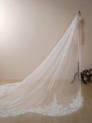 Vintage Floral Lace with Sequins Cathedral Veil Shaped Bridal Veil Wedding Veil