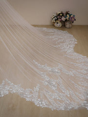 Vintage Floral Lace with Sequins Cathedral Veil Shaped Bridal Veil Wedding Veil