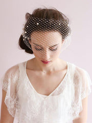 Vintage Ivory Mesh Birdcage Wedding Veils with Pearls