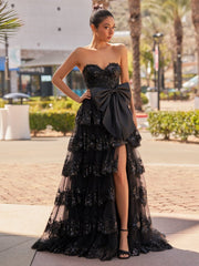 Sweetheart Light Blue Lace Appliques Ruffle Long Formal Gown