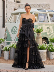 Sweetheart Light Blue Lace Appliques Ruffle Long Formal Gown