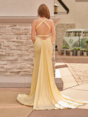 Yellow Mermaid V-Neck Satin Prom Dresses With Tail Evening Dress
