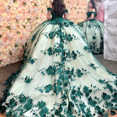 3D Flowers Off Shoulder Tulle Appliques Beaded Quinceanera Dress
