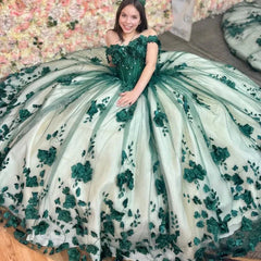 3D Flowers Off Shoulder Tulle Appliques Beaded Quinceanera Dress
