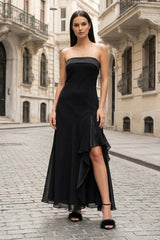Black - Strapless Sheath Chiffon Ankle Length Prom Dress With Slit