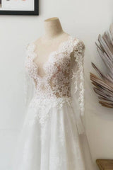 A-Line Illusion Crew Neck White Lace Wedding Dress