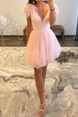 A-line Deep V Neck Tulle Homecoming Dress with Feathers