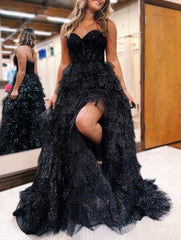 A line Off-the-Shoulder Glitter Tulle Prom Dress with Slit