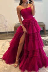 A-Line Strapless Tulle Long Prom Dress with Tiered Ruffles