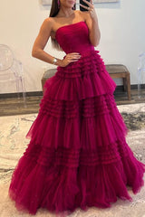 A-Line Strapless Tulle Long Prom Dress with Tiered Ruffles