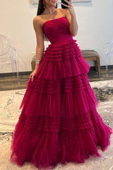 A-Line Strapless Tulle Long Prom Dress with Tiered Ruffles
