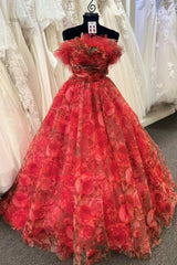 Strapless Red Floral Print Organza A-Line Quinceanera Dress