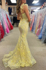 Yellow Ruffle Straps 3D Flower Mermaid Long Prom Dress