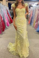 Yellow Ruffle Straps 3D Flower Mermaid Long Prom Dress